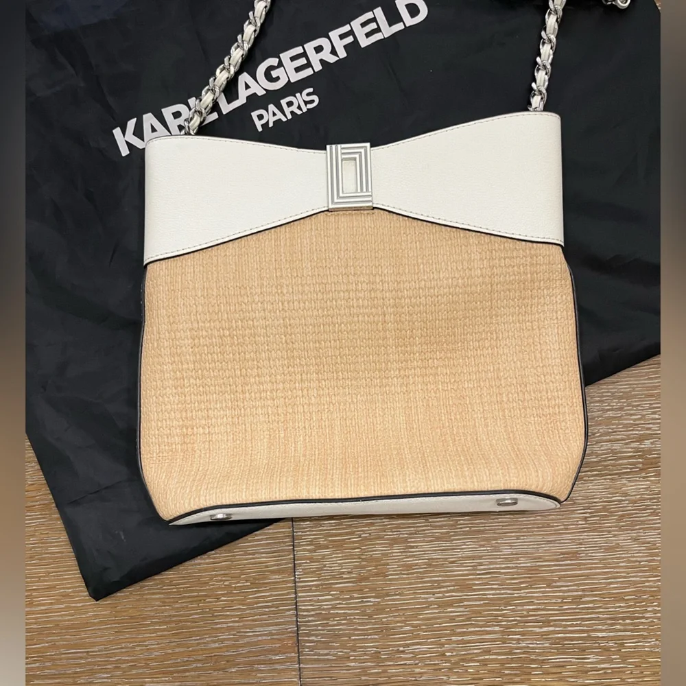 Karl Lagerfeld Cream & Natural Raffia Bow-Trim Shoulder Bag
